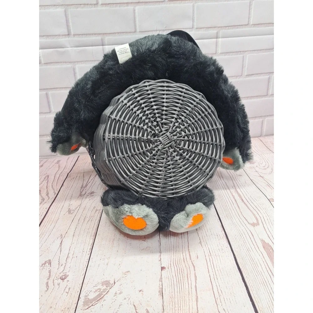 Vintage Halloween Plush Black Cat Wicker Basket Candy Trick Or Treat Decor